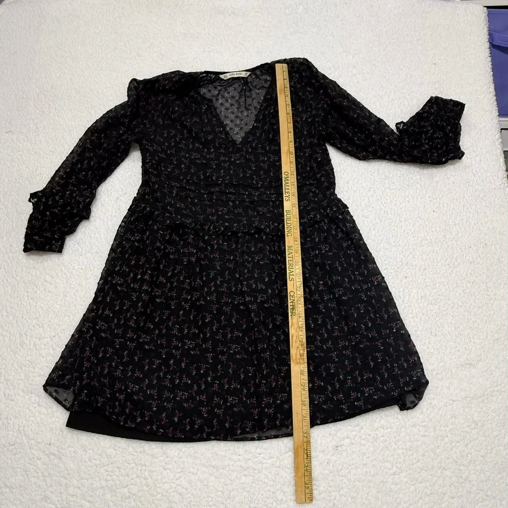 Zara Basic Black Floral Chiffon Mini Dress XS‎ Sheer Long Sleeve Ruffle Trim
